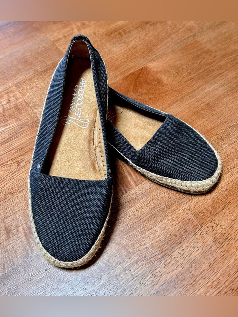 AEROSOLES Stitch N Turn Black Canvas Espadrille Slip-Ons Size 7M